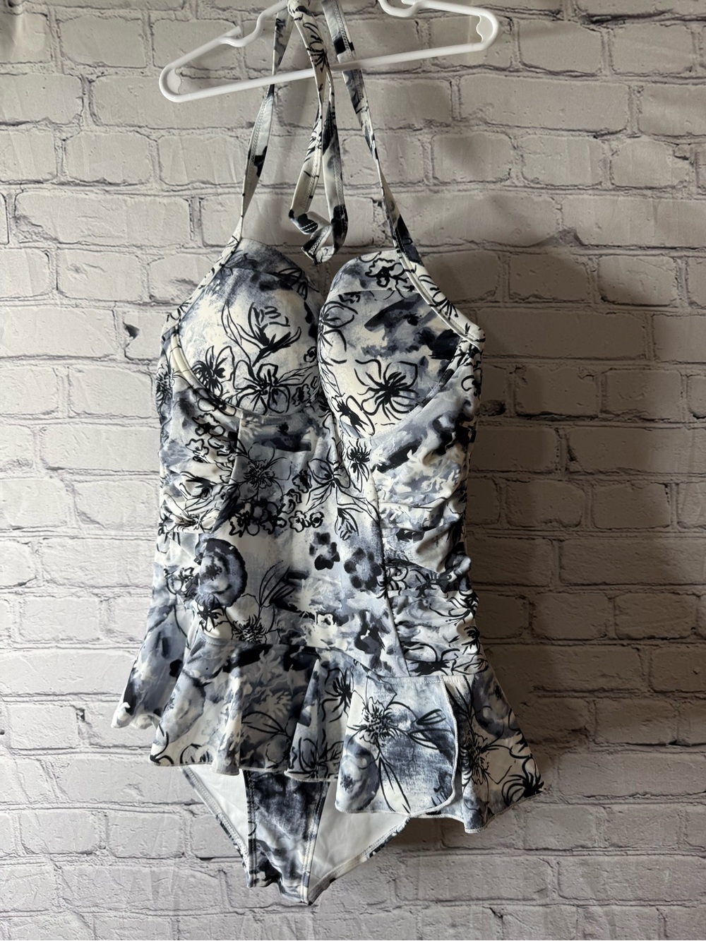 Marilyn Monroe Floral Halter One-Piece Swimsuit in Black & White large